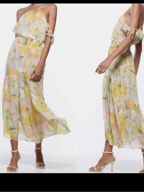 Zara Premium Black Label Floral Yellow & Green Tiered Sleeveless Midi Dress